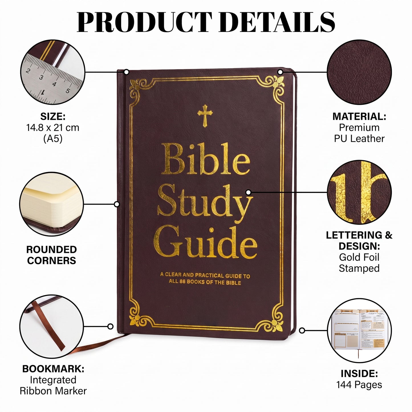 Bible Study Guide – All 66 Books of the Bible | Premium PU Leather Cover with Gold Foil Stamping