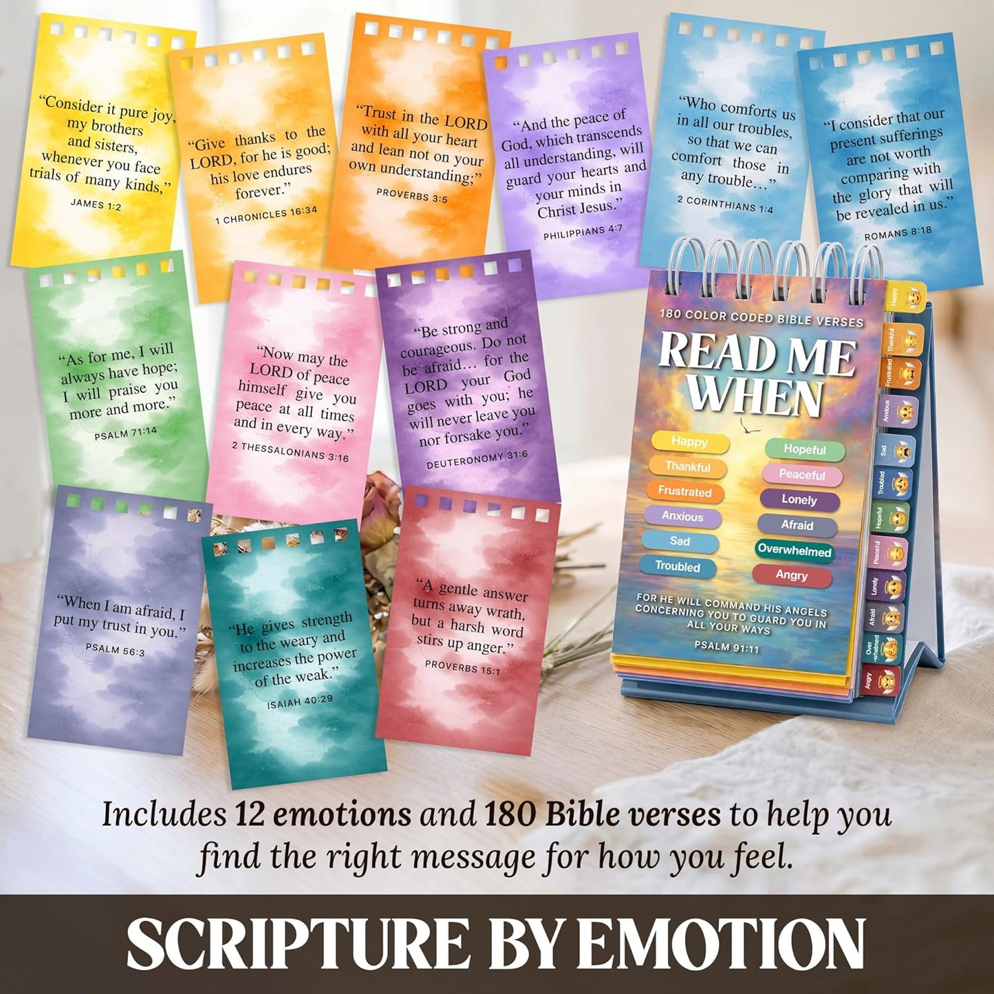 180 Bible Verses Flipbook – 12 Color Coded Emotions - Sunset Edition
